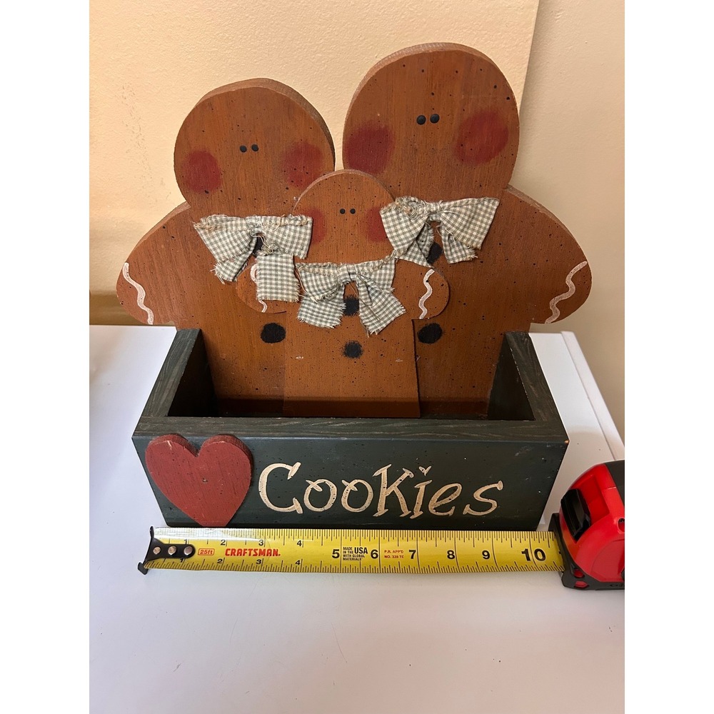 Primitive Wooden Gingerbread Family Cookie Box Rustic Christmas Kitchen Decor